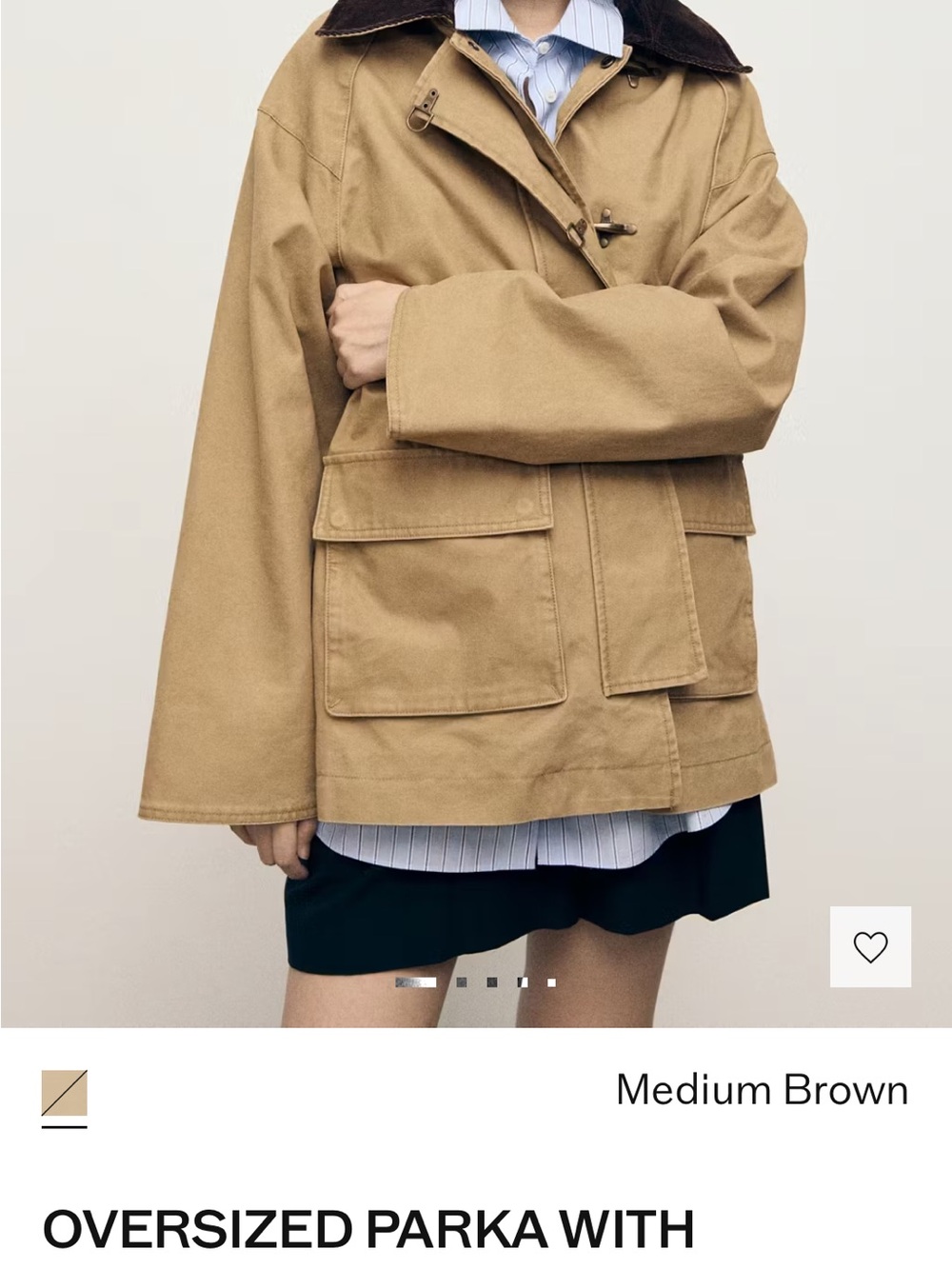 Mango Oversized Parka Jacket in Medium Brown with Dark Collar